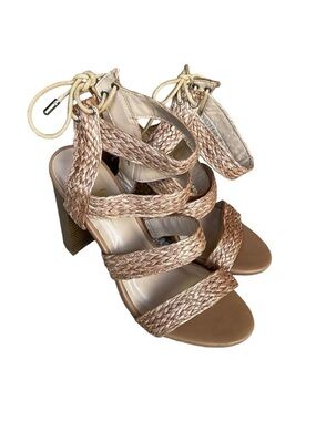 Lulu’s Women's Marlena Woven Straw Sandals Ultra High Stacked Heels sz 7.5